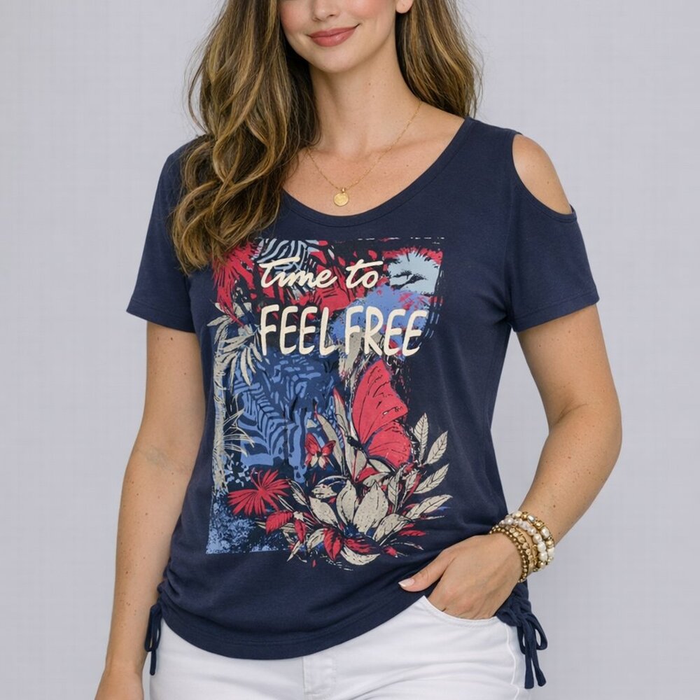 Laura Tornelli Blue  Peekaboo Shoulder Patriotic Tee  short sleeve Medium